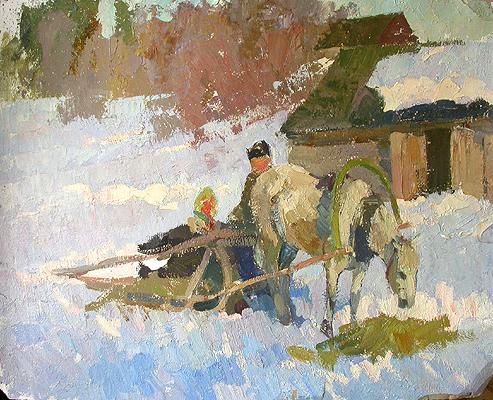 Winter rural landscape - oil painting