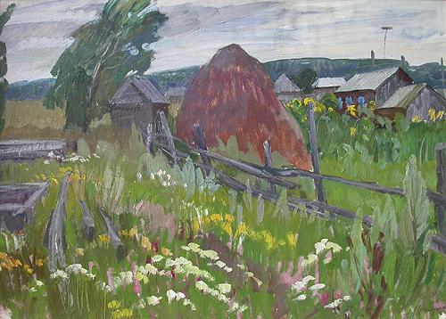 Wildflowers rural landscape - oil painting