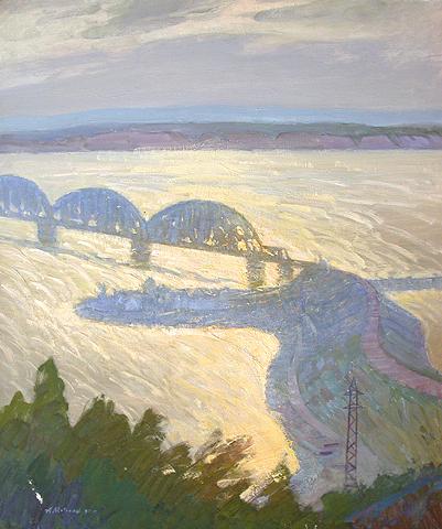 Bridge industrial landscape - oil painting