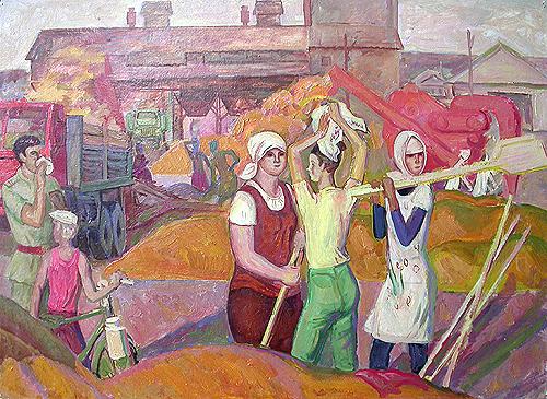 Harvesting. Sketch social realism - oil painting