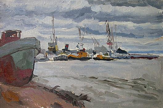 River Port. Cloudy Day industrial landscape - oil painting