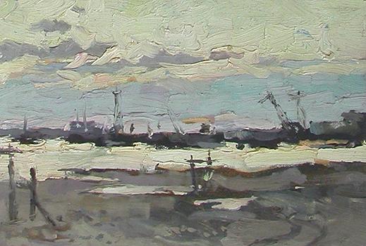 White Nights at the Irtysh River industrial landscape - oil painting