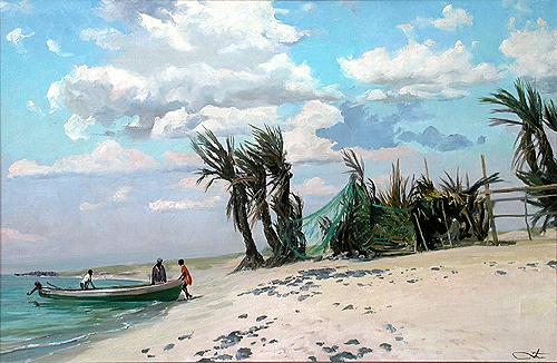 Fisherman's Hut seascape - oil painting