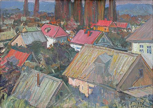 Goryachiy Kluch Village. Evening cityscape - oil painting