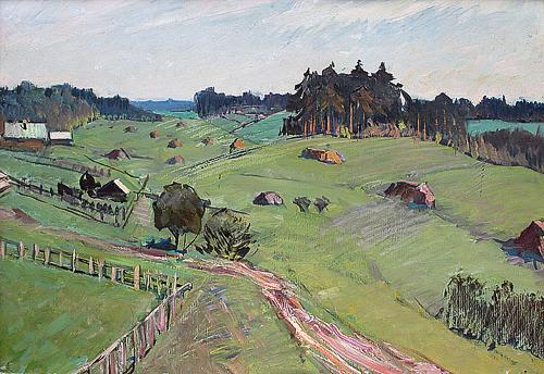 Haystacks rural landscape - oil painting