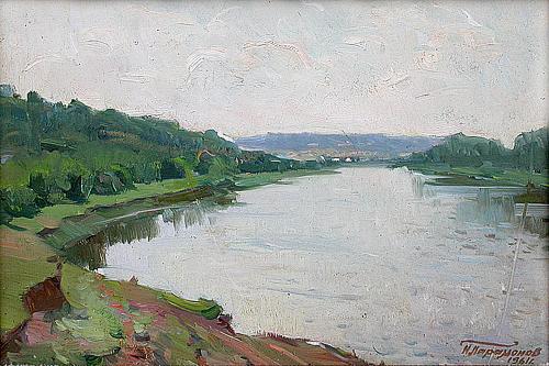 The Old Sviyaga River summer landscape - oil painting