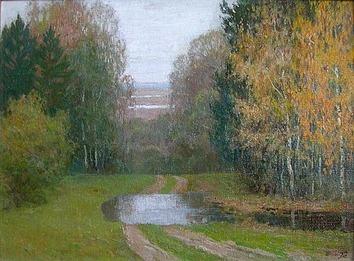 Beginning of Autumn autumn landscape - oil painting