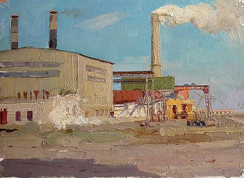At the Ulyanovsk Cement Factory industrial landscape - oil painting