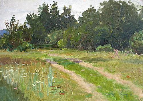 Road to the Wood summer landscape - oil painting