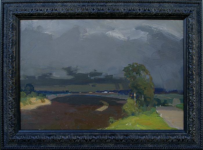 Thunderstorm over the Sura River. Sketch summer landscape - oil painting