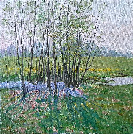 Warm May spring landscape - oil painting