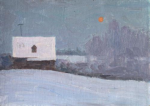 Moon in Winter rural landscape - oil painting
