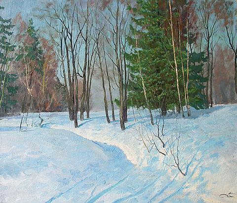 Blue Day winter landscape - oil painting