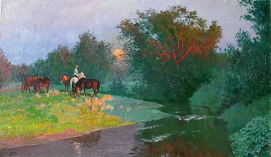 Late Evening summer landscape - oil painting