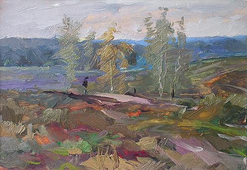 Lonely Wayfarer autumn landscape - oil painting