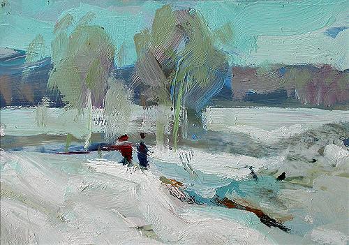 Last Snow winter landscape - oil painting