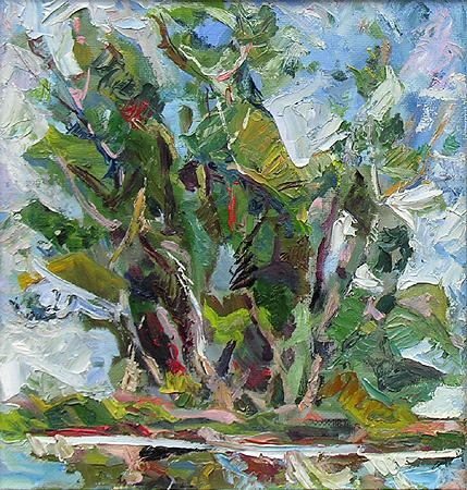 Black Poplar near Water abstract landscape - oil painting