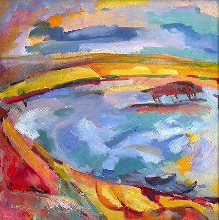 The Volga River Banks abstract landscape - oil painting