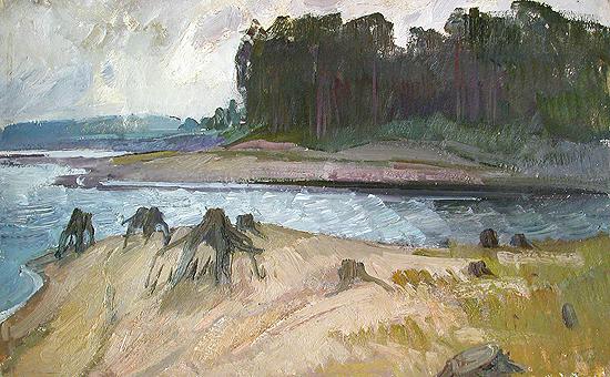 At the Bay summer landscape - oil painting