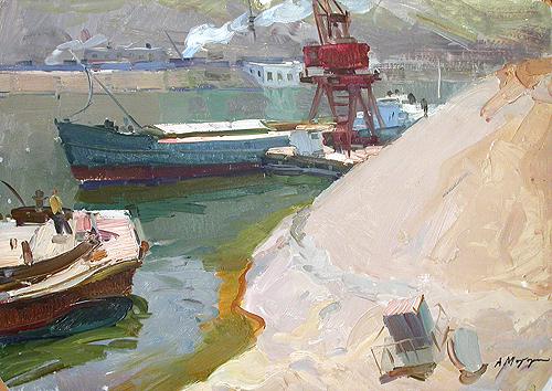 Barges industrial landscape - oil painting
