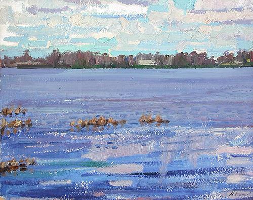 At the Neva River summer landscape - oil painting