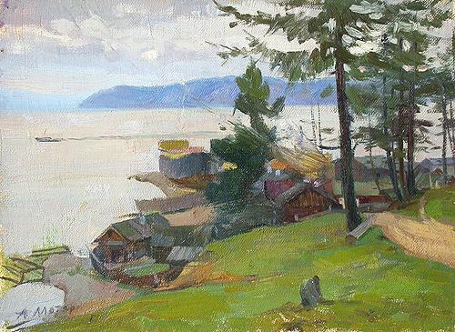 Shipyard at Lake Baikal rural landscape - oil painting