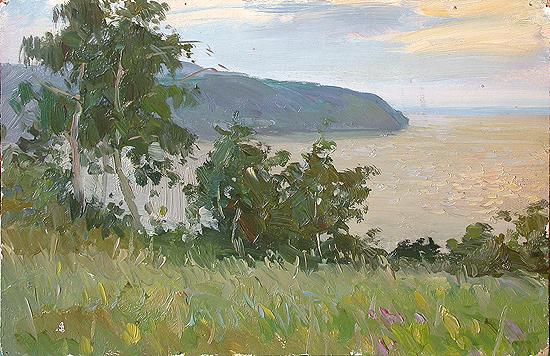 Over the Volga River summer landscape - oil painting