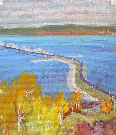 Autumn at the Volga River cityscape - oil painting