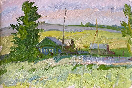 Blue House rural landscape - oil painting