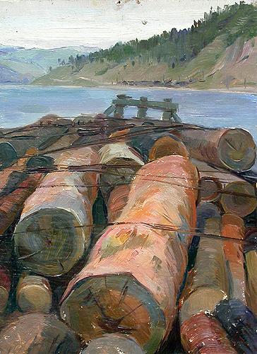 Logs at Lake Baikal industrial landscape - oil painting