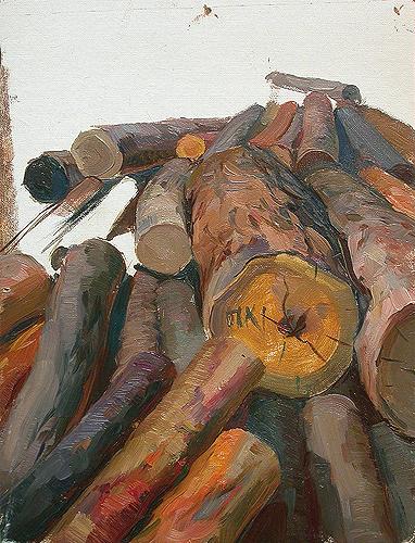 Logs. Sketch for Diploma Work industrial landscape - oil painting