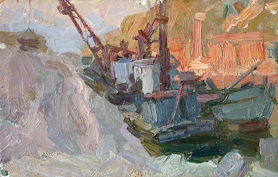 The Zhigulevskiye Mountains. Cement Factory industrial landscape - oil painting