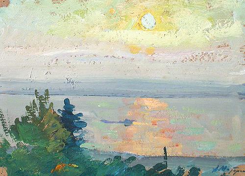 Sunrise over the Volga River seascape - oil painting