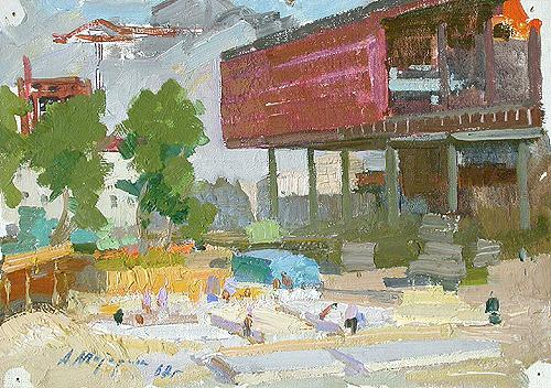 Building Lenin Memorial industrial landscape - oil painting