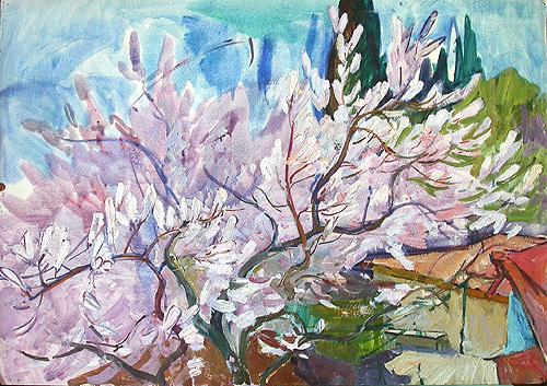 Tree in Blossom spring landscape - oil painting