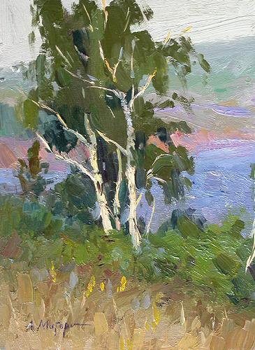 Over the Volga River summer landscape - oil painting
