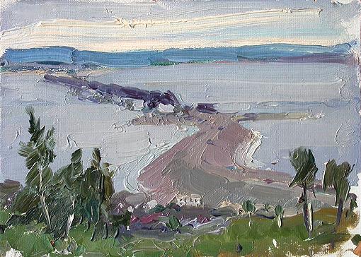 Over the Volga River industrial landscape - oil painting