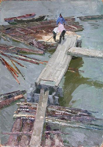 Floating Lumber at the Sura River industrial landscape - oil painting