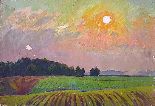 Evening at the Field summer landscape - oil painting