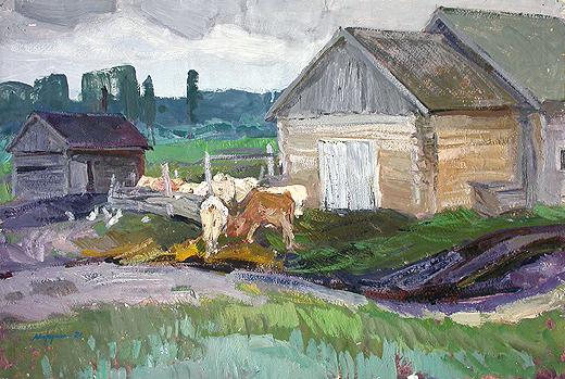 At the Calf Shed rural landscape - oil painting