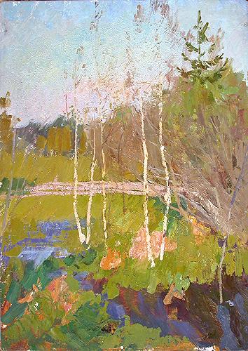Young Birches spring landscape - oil painting