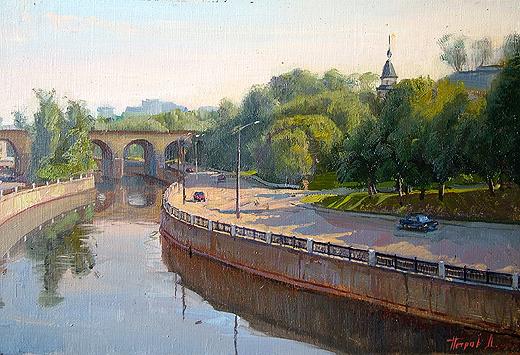 The Yauza River cityscape - oil painting