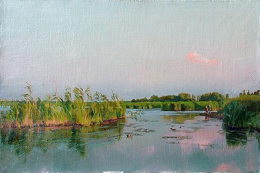 Evening at the Kuban River summer landscape - oil painting