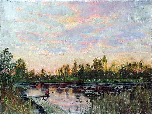 Fisherman summer landscape - oil painting